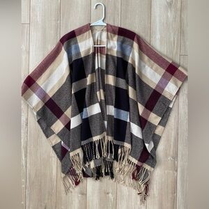Plaid Fringe Wrap - Burgundy, Black, Tan